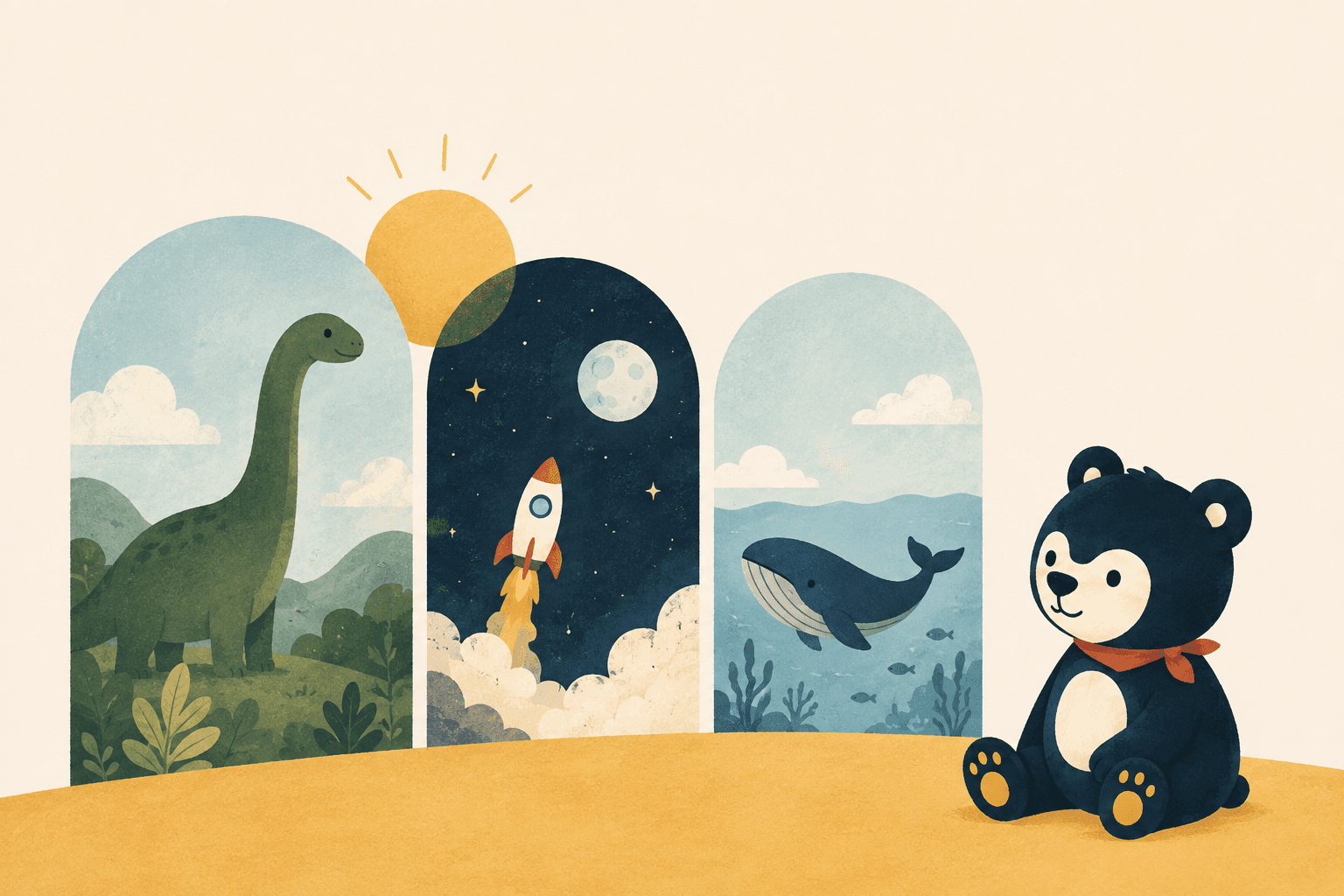 Cub with imaginative worlds of dinosaurs, space and the ocean.